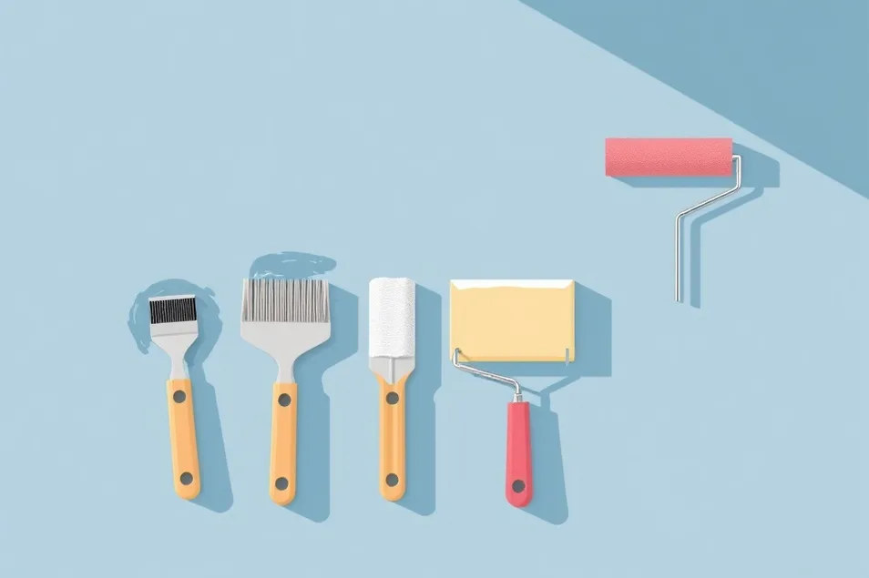 Outils de peinture disposés dans l'ordre des étapes du chantier