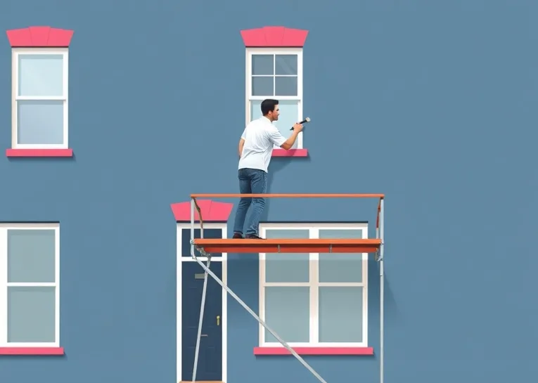 Peintre sur échafaudage traitant la façade d'une maison