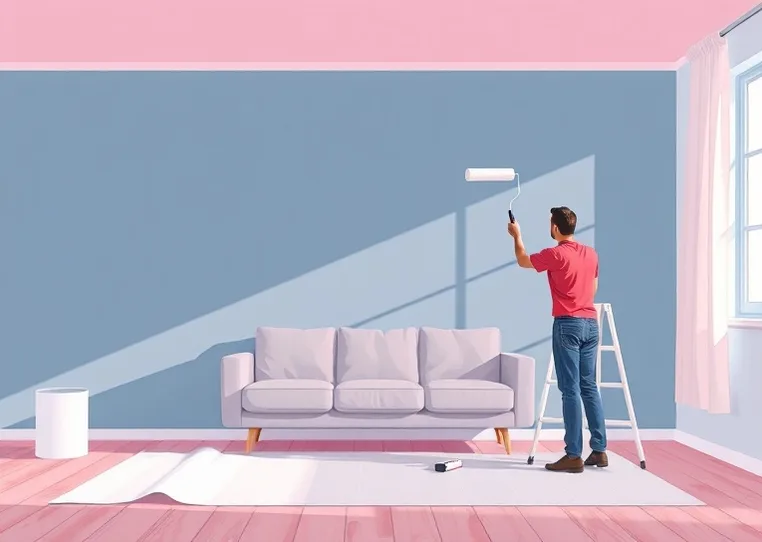 Peintre appliquant la peinture au rouleau sur un mur de salon
